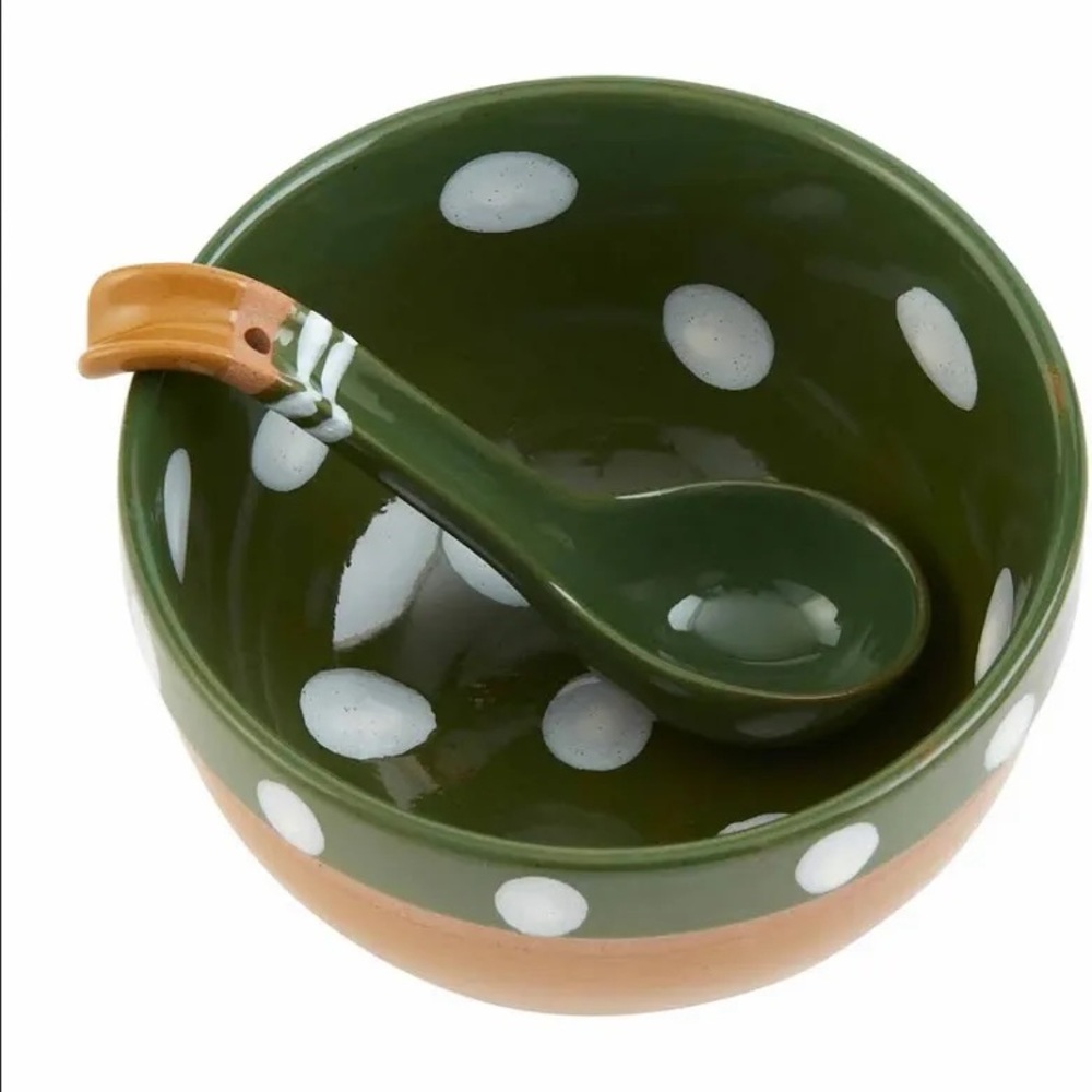 NWT Green & Yellow Polka Dot Ceramic Salsa Bowl Set with Spoon